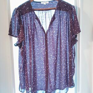 Monday Fun Womens Plum White Spec Blouse 2X Short Sleeve Lightweight Top 🌷